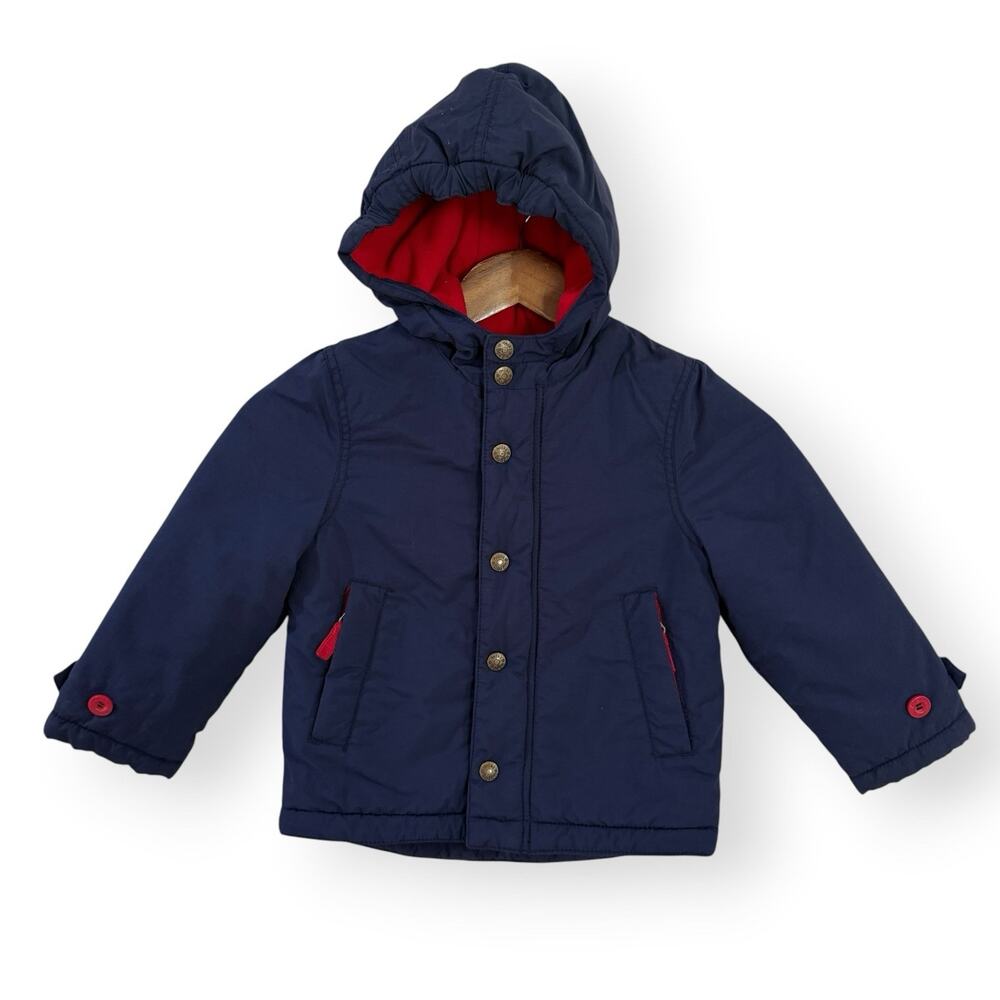 Mini Boden Toddler Coat Jacket Size 2-3Y Fleece Lined Navy Blue Hooded Pockets